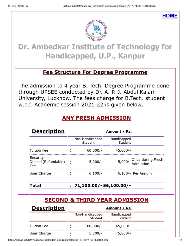 Dr.AITH Kanpur Fees Structure 2023