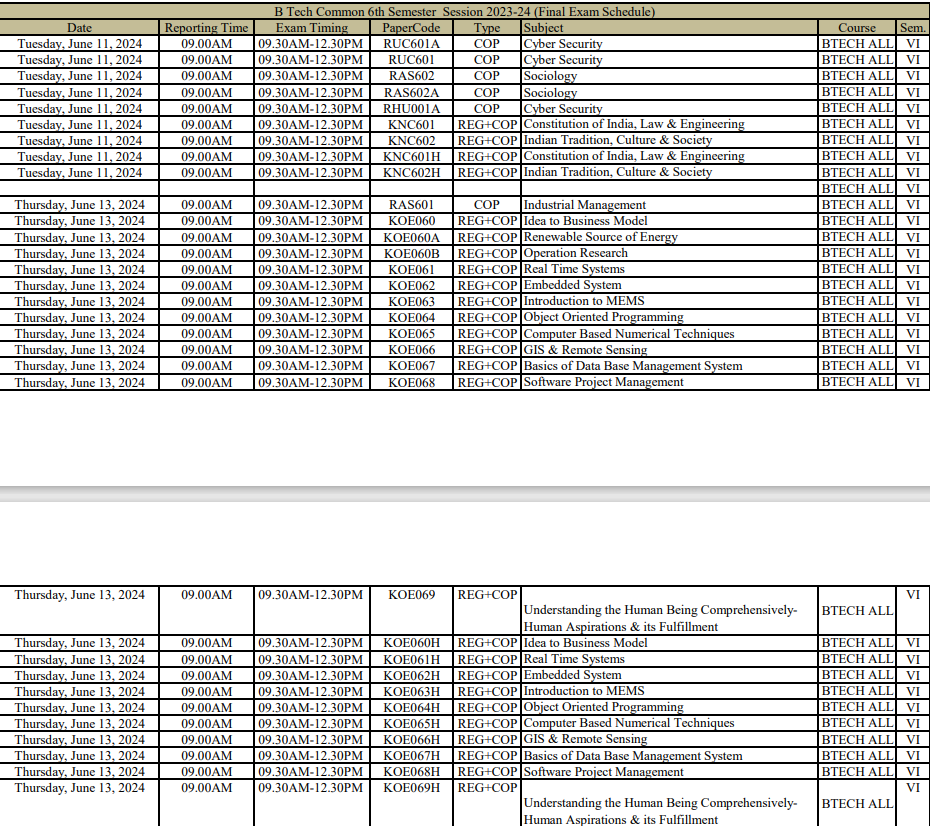 AKTU Even Semester Exam Date Sheet 2024